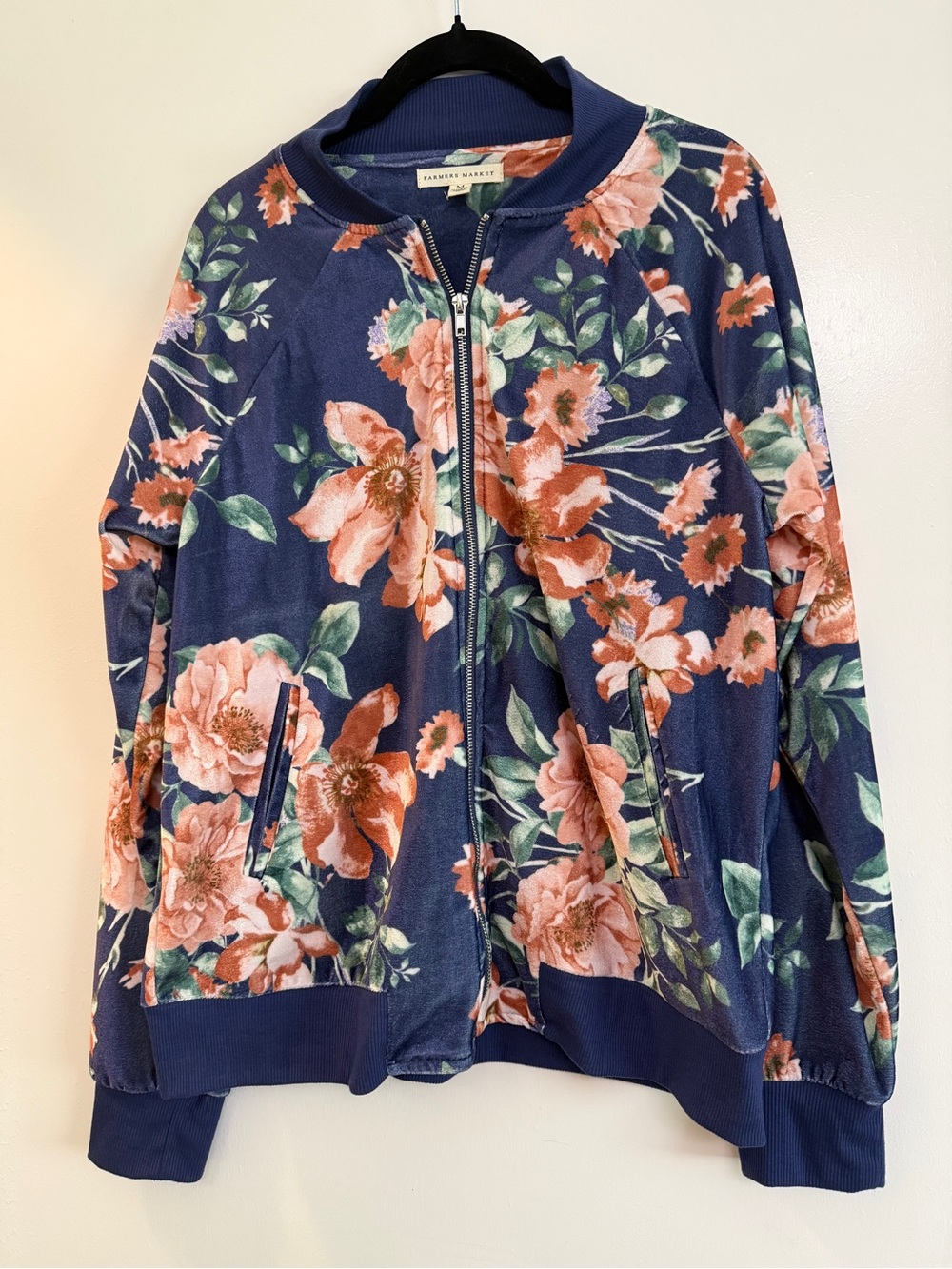 FARMER MARKET Navy Floral Zip Bomber Jacket